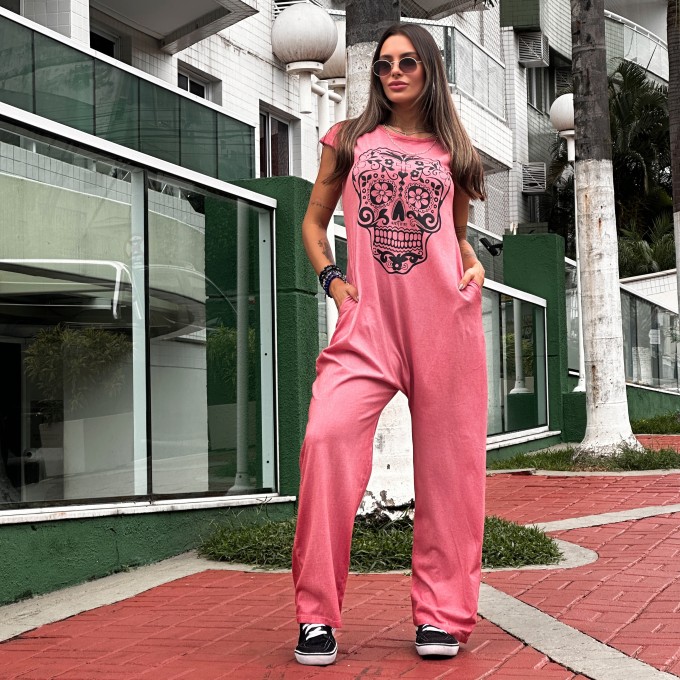 Macacão Marmorizado Rose Caveira Mexicana