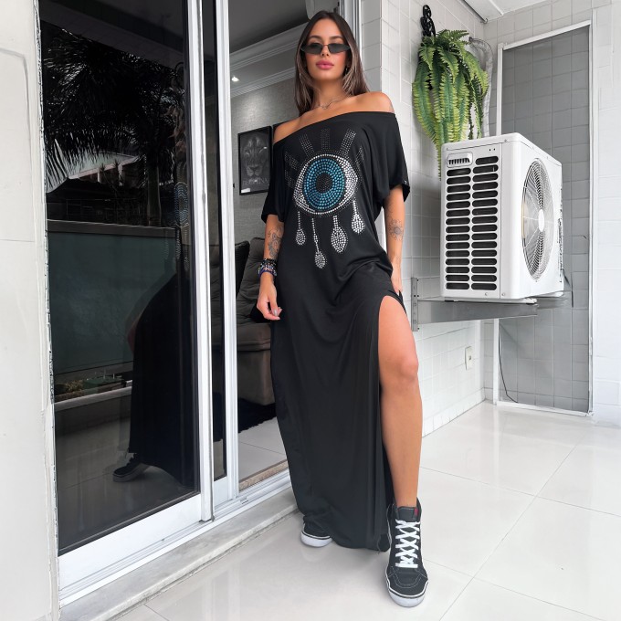Vestido Gola Canoa Olho Grego Cravejado