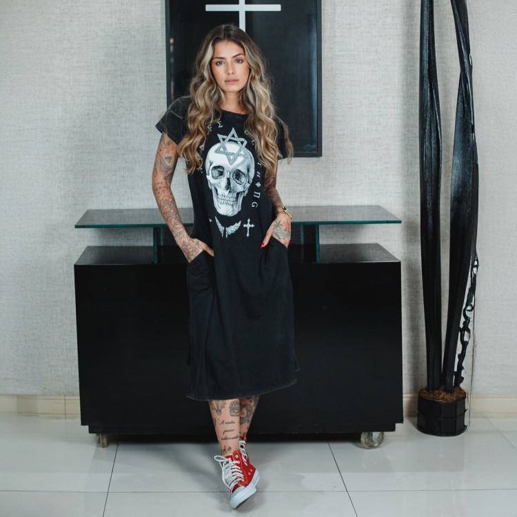Vestido Midi Marmorizado Caveira Estrela
