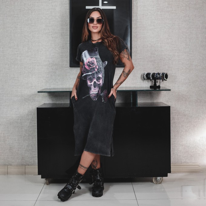 Vestido Mídi Marmorizado Caveira Cartola