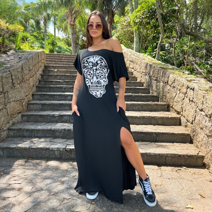 Vestido Gola Canoa Caveira Mexicana