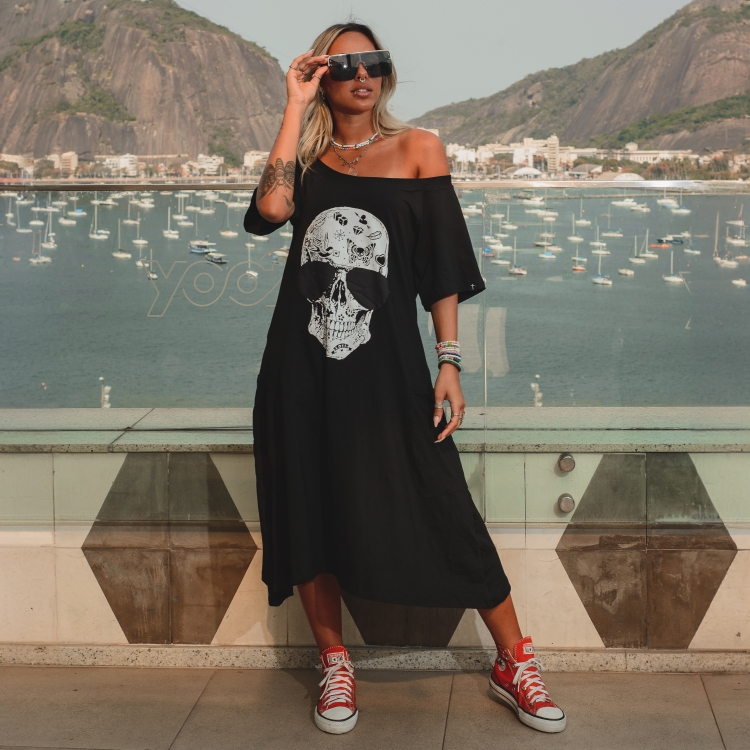 Vestido Midi Bolsos Gola Canoa Caveira Old School